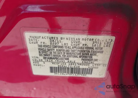 2012 Nissan Sentra 2.0 Sr из США, поврежденный, VIN 3N1AB6AP0CL637400